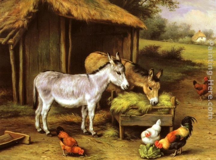 Edgar Hunt Chickens and Donkeys feeding outside a Barn